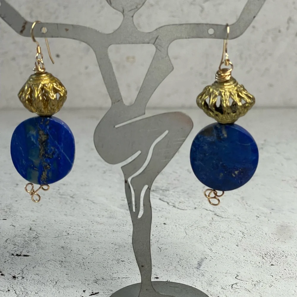 Artisan Blue and Gold Lapis Lazuli Dangle Earrings. - Picture 4 of 6